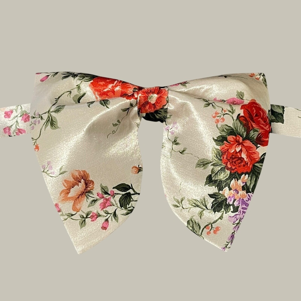 Vintage Floral Satin Floppy Bow Tie Cream Red Rose‎ Adjustable Necktie